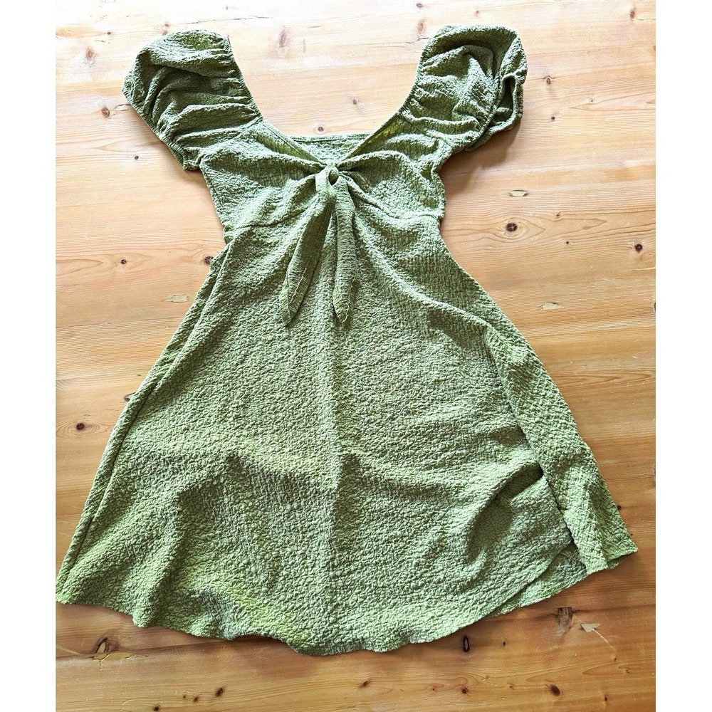 Women's Green Textured Square Neck Puff Sleeve Tie-Front Mini Dress M